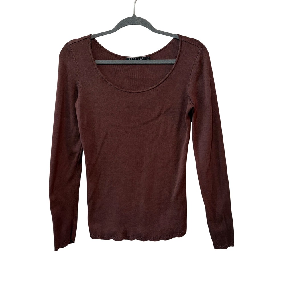 Peruvian Connection Knit Top Womens Small Brown Pima Cotton Scalloped Eyelet
